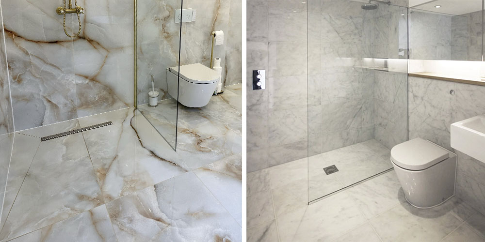 (Left) Onyx natural polished porcelain tiles, (Right) Ibiza Bianco honed marble tiles